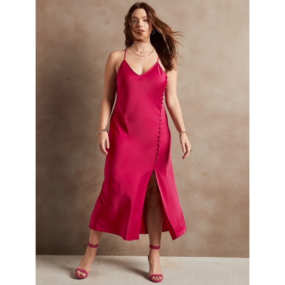 NWT Banana Republic Midi Slip Dress Magenta Pink Satin buttons size 00P $109